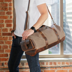 Vintage Canvas and Leather Overnight Travel Bag - Light Brown