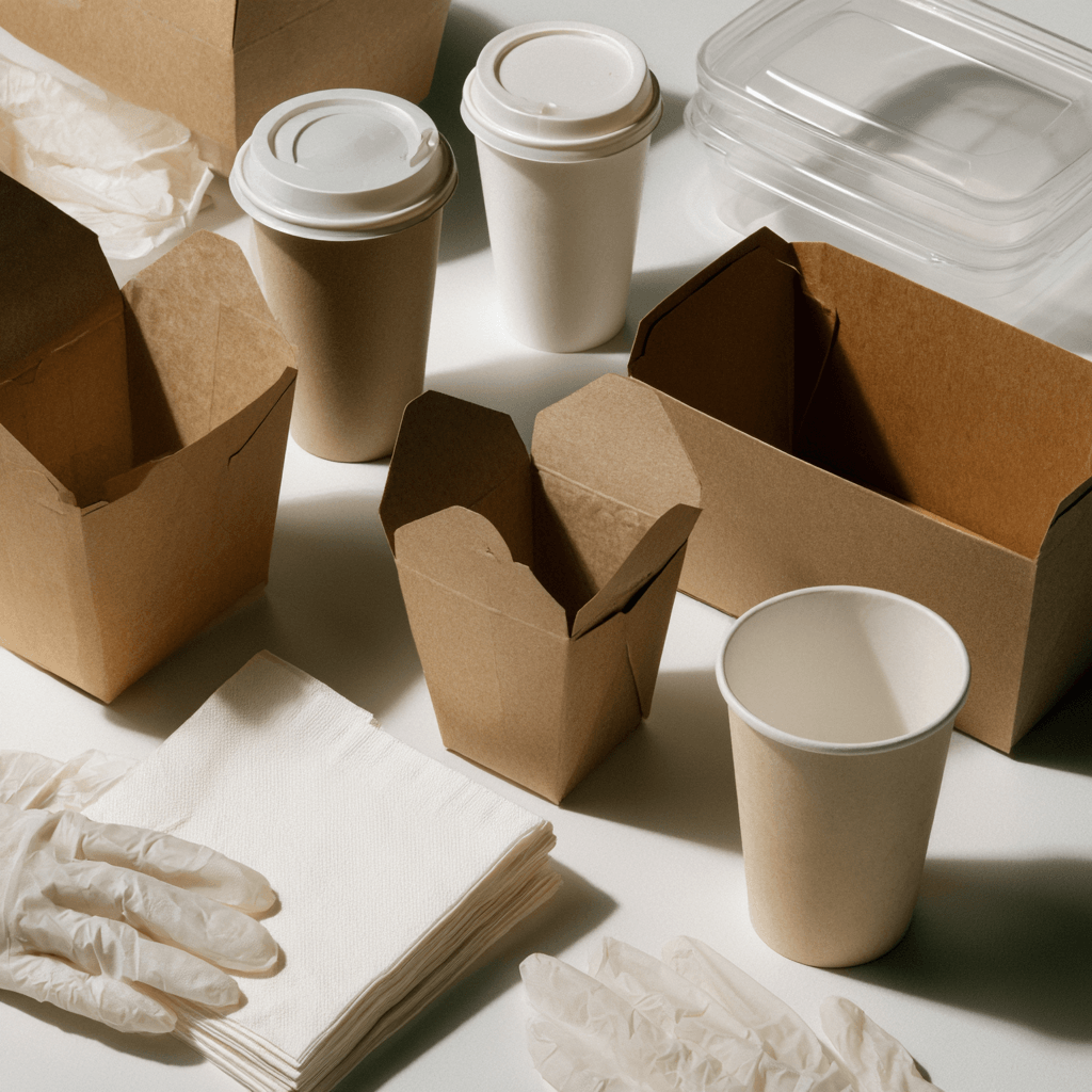 Organized food service supplies on commercial kitchen shelving