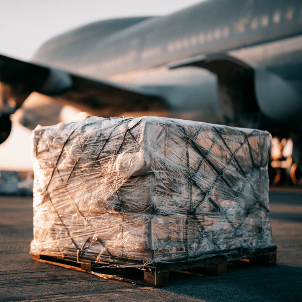 Pallet wrapped in clear stretch film inside warehouse