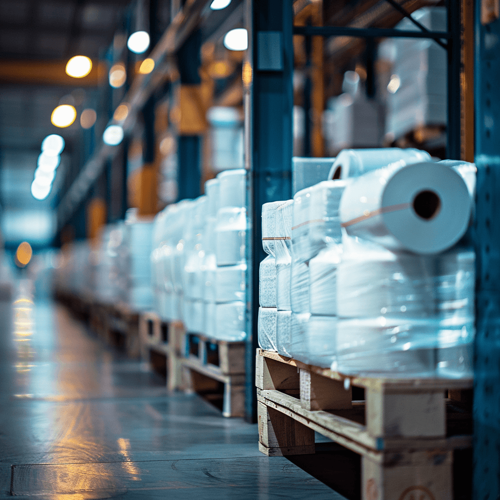 Paper products stacked on warehouse shelving