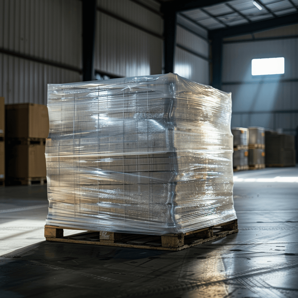 Pallet wrap and stretch film rolls in a warehouse