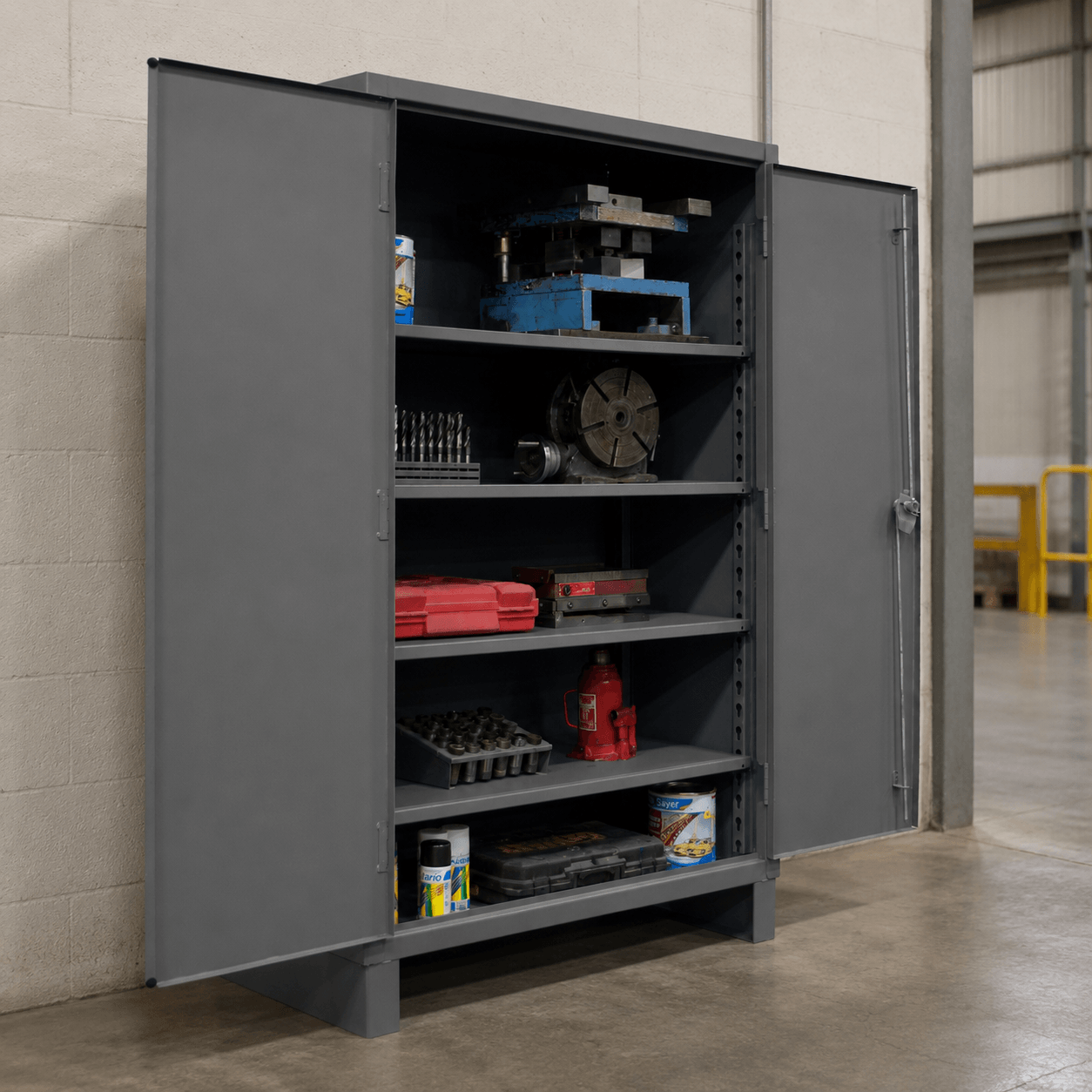 Industrial storage cabinets and shelving in a warehouse