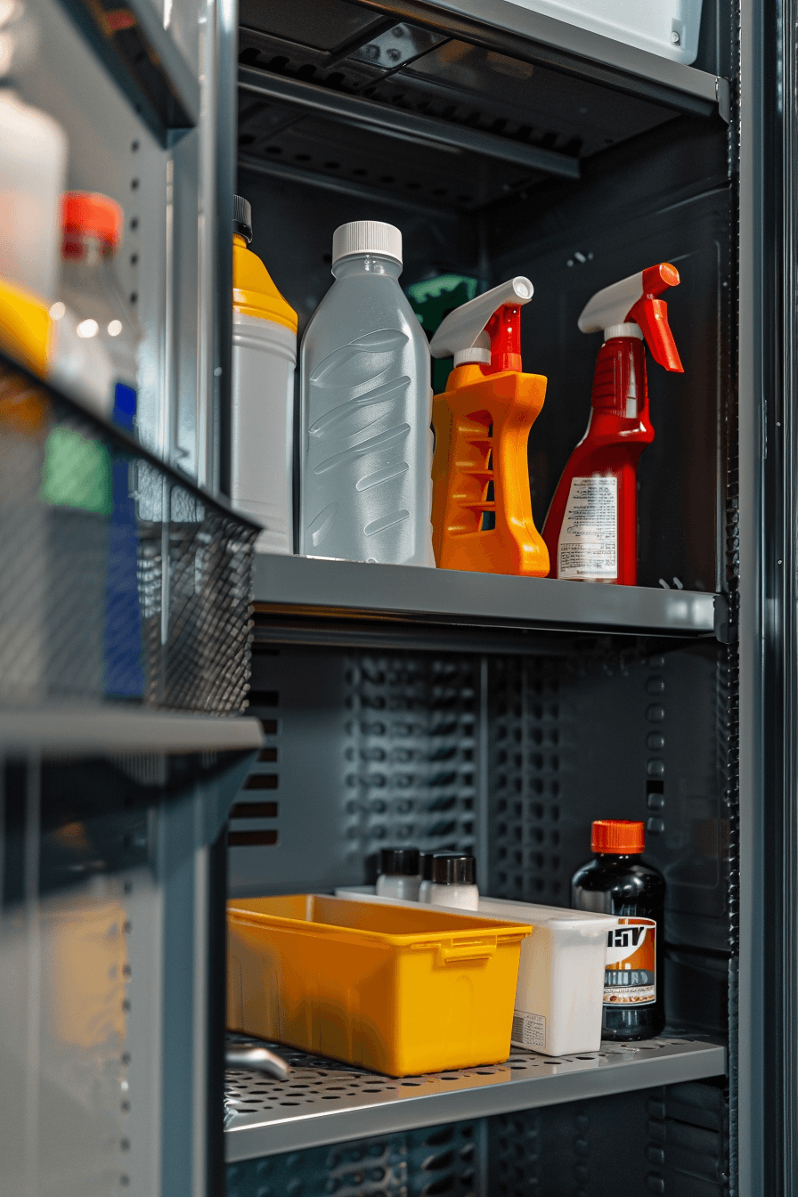 Organized food service supplies on commercial kitchen shelving